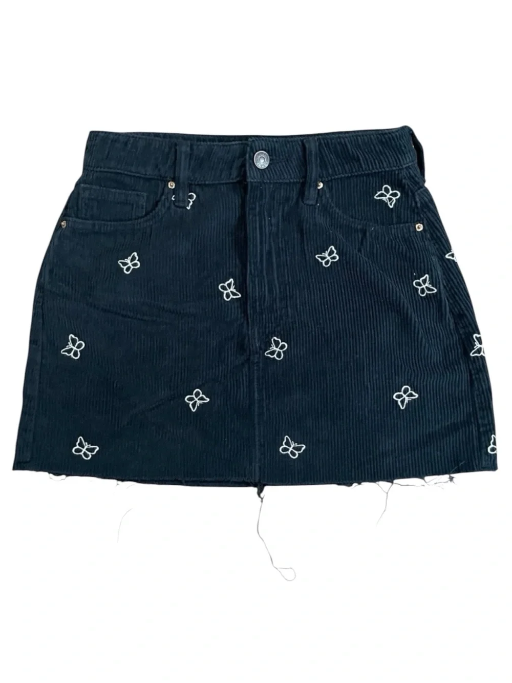 Pacsun Butterfly Corduroy Mini Skirt embroidered sz 24 Black Raw Edge Y2K retro